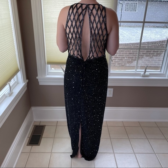 Beaded Sequined Formal Dress 100% Silk Black Floor Length Homecoming Gown 6 - Picture 6 of 14